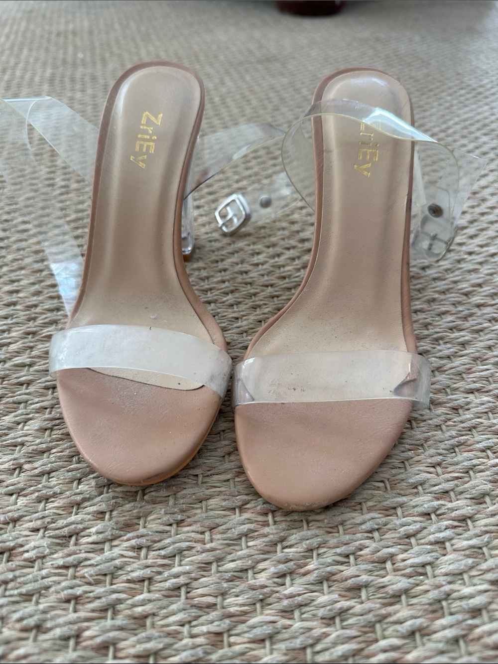 Clear Strap Nude Block Heel Sandals by Zriey